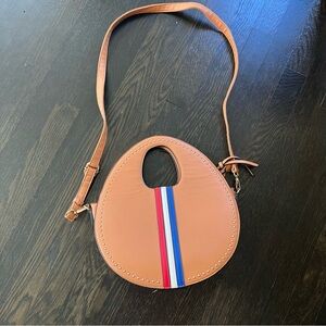Alyssa Brown Circular Purse with Red White and Blue Stripe Vegan Faux Leather